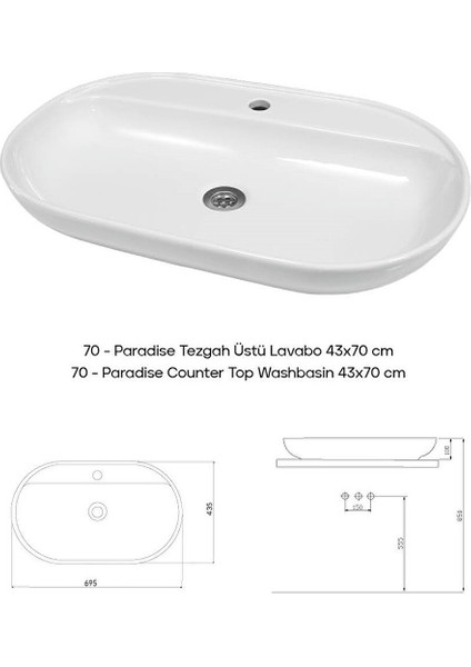 Paradise Tezgah Üstü 70 Cm, Çanak Lavabo