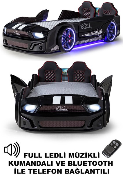Siyah Arabalı Yatak Kapıları Açılan Mustang Full Ledli Kumandalı ve Müzikli