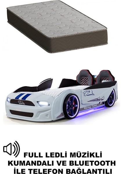 Beyaz Arabalı Yatak Kapıları Açılan Mustang Full Ledli Kumandalı ve Müzikli + Ortopedik Yatak