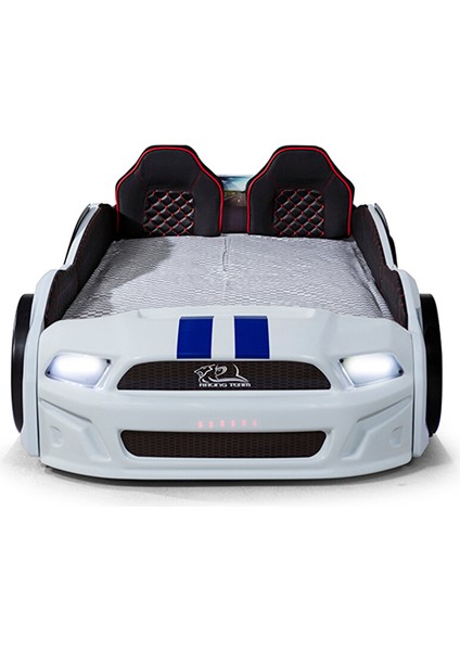 Beyaz Arabalı Yatak Kapıları Açılan Mustang Full Ledli Kumandalı ve Müzikli + Ortopedik Yatak fiyatları