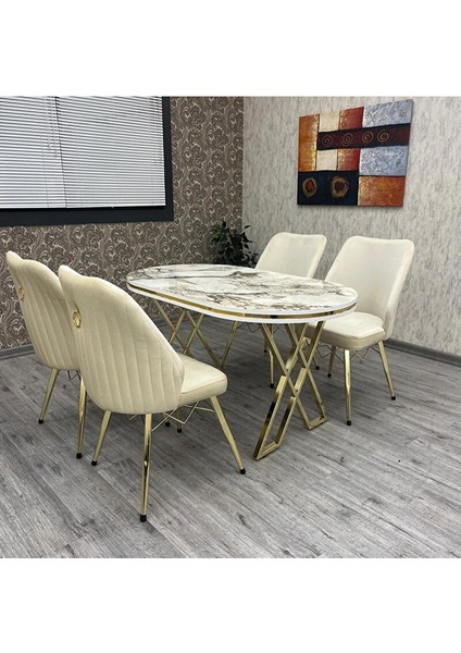 Karnel 80-140 Oval Gold Beyaz Mermer Benchli̇ 4 Ki̇şi̇li̇k Mutfak Masasi Takimi