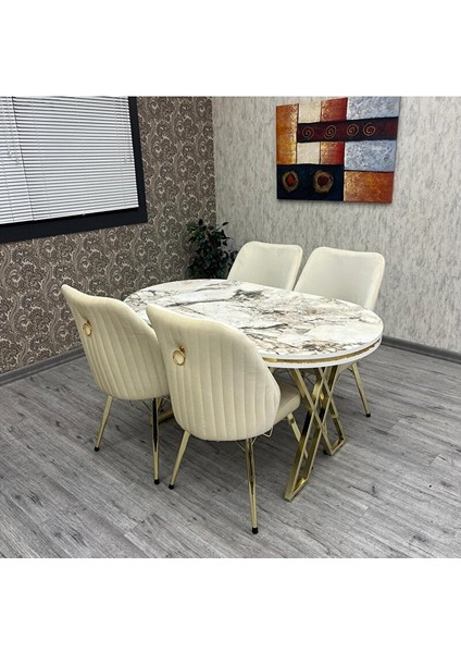 Karnel 80-140 Oval Gold Beyaz Mermer Benchli̇ 4 Ki̇şi̇li̇k Mutfak Masasi Takimi fırsatları