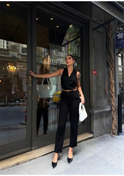Keten Duble Paça Deri Taba Kemerli Pantolon - Siyah fiyatları