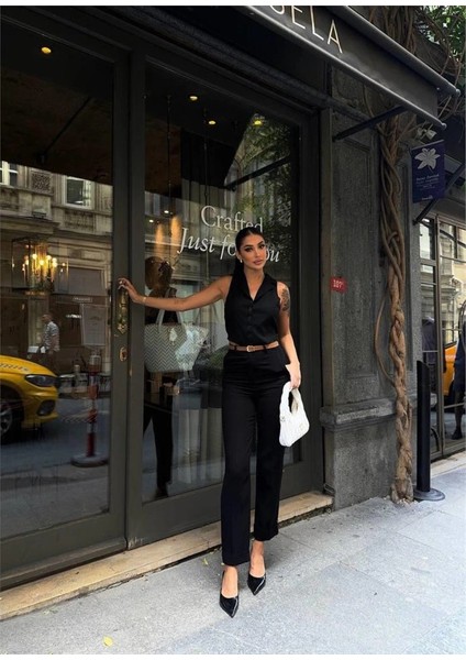 Keten Duble Paça Deri Taba Kemerli Pantolon - Siyah modelleri