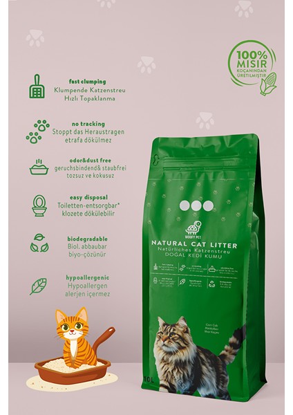 Mısır Koçanından Doğal Topaklanan Tozsuz Kedi Kumu 10LT