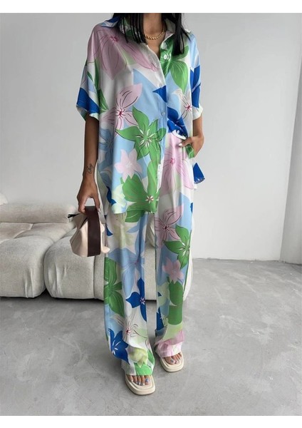 Yeşil Büyük Çiçek Desen Saten Gömlek-Pantolon Takım - Yeşil fiyatları