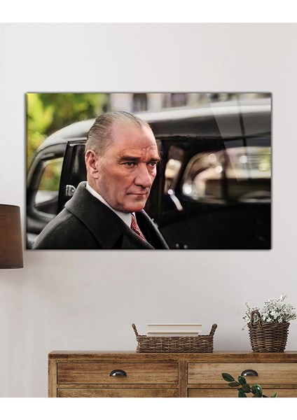 Atatürk ve Arabası Cam Tablo, Uv Baskılı ve Temperli, Hediyelik 130X80 cm