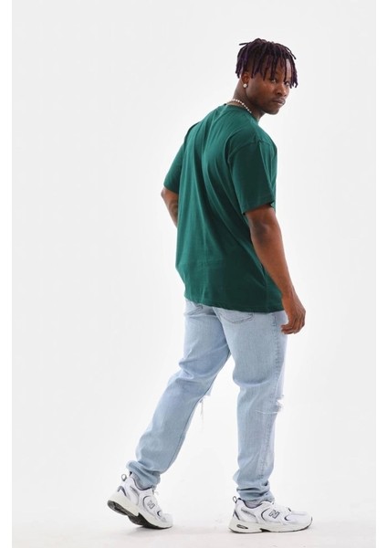 Unisex Oversize Düz Bisiklet Yaka T-Shirt - Koyu Yeşili fiyatları