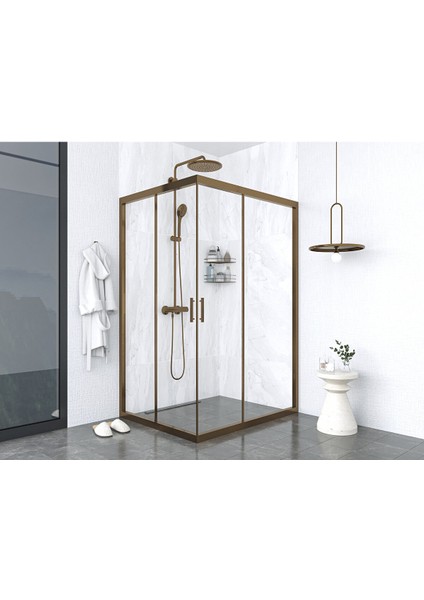 Iskit Duşakabin 90 x 100 Dikdörtgen Şeffaf Cam Köşe Girişli Kabin Bronz Profil 6mm 90X100 cm