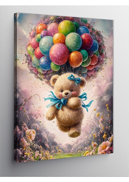 Kanvas Tablo Uçan Balonlar ve Yavru Ayı 70X100 cm