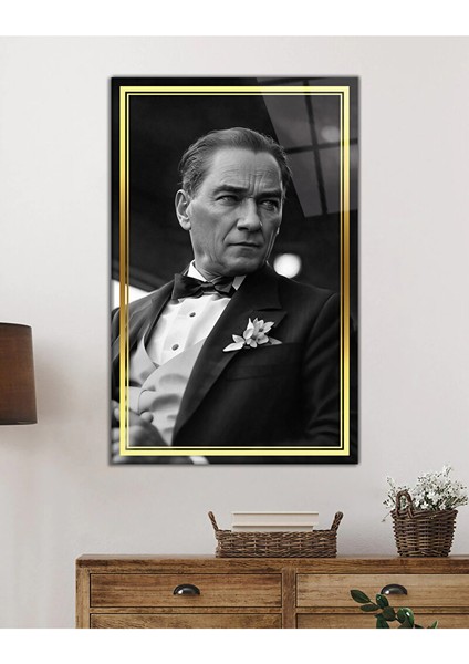 Gold Şerit Siyah Beyaz Yapay Zeka Atatürk Cam Tablo, Uv Baskılı ve Temperli, Hediyelik 36X23 cm