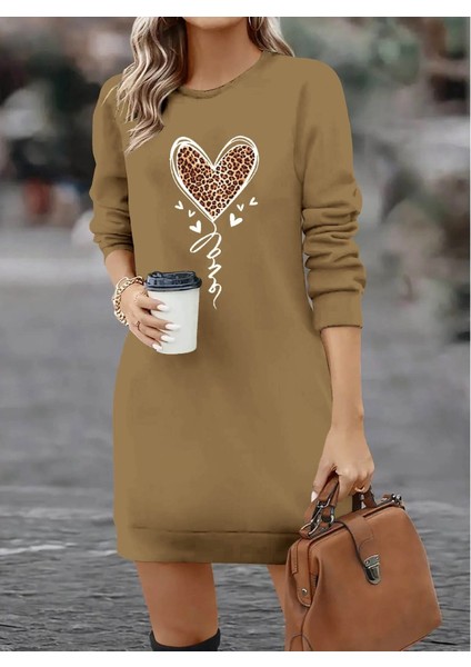 Kadın Uzun Kollu Bisiklet Yaka Kalp Desenli Kısa Viskon Elbise modelleri