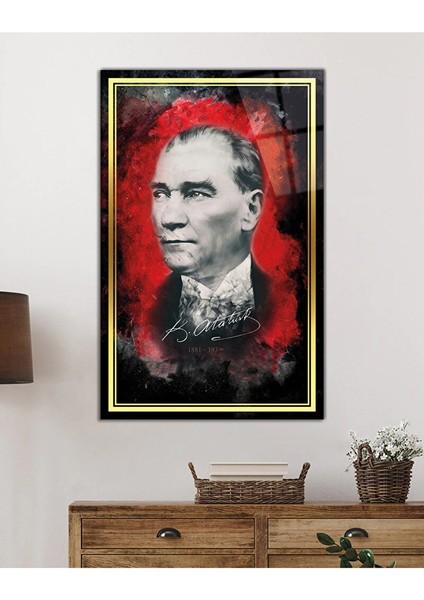 Gold Şerit Kırmızı Siyah Fonlu Atatürk Cam Tablo, Uv Baskılı ve Temperli, Hediyelik 130X80 cm
