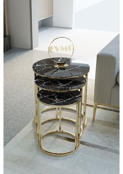 Siyah Mermer Desen Gold Metal, Üçlü Sehpa