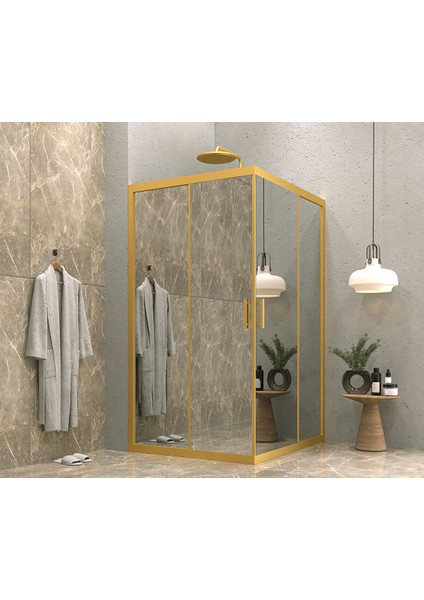 Iskit Duşakabin 90 x 130 Dikdörtgen Aynalı Reflekte Cam Köşe Girişli Kabin Gold Profil 6mm 90X130 cm