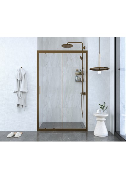 128 cm 1 Sabit 1 Sürgü Iki Duvar Arası Şeffaf Cam Bronz Profil 6mm Kabin 128 cm