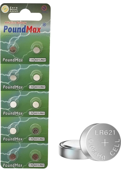 Ag1 (LR621, LR60, 364) 1.5V - Poundmax Alkalin Düğme Piller | 1x 10'lu Paket