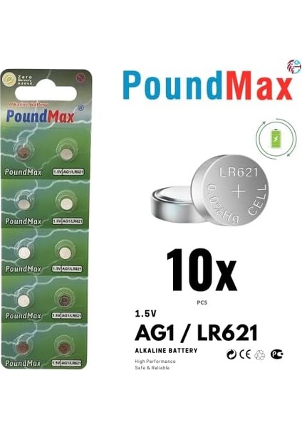 Ag1 (LR621, LR60, 364) 1.5V - Poundmax Alkalin Düğme Piller | 1x 10'lu Paket modelleri