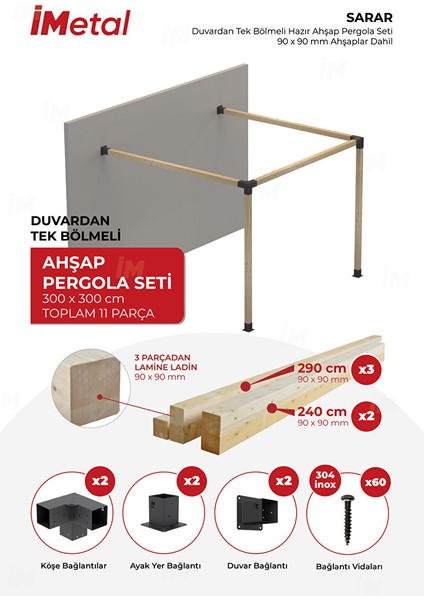 Sarar Ahşap Pergola Seti Duvardan Tek Bölümlü 90X90 mm Ahşaplar Dahil