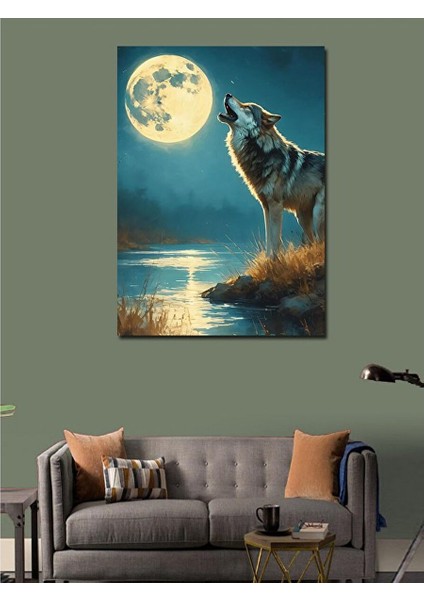 Kanvas Tablo Uluyan Kurt ve Dolunay 70X100 cm modelleri