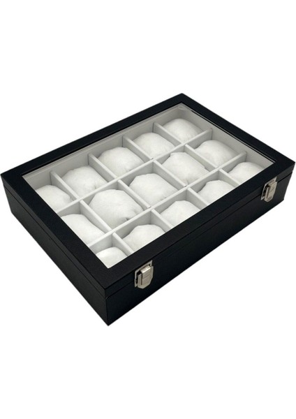 Cam Kapaklı, Siyah Iç Bölmeli, 15'li Saat Kutusu, Şık ve Fonksiyonel Tasarım