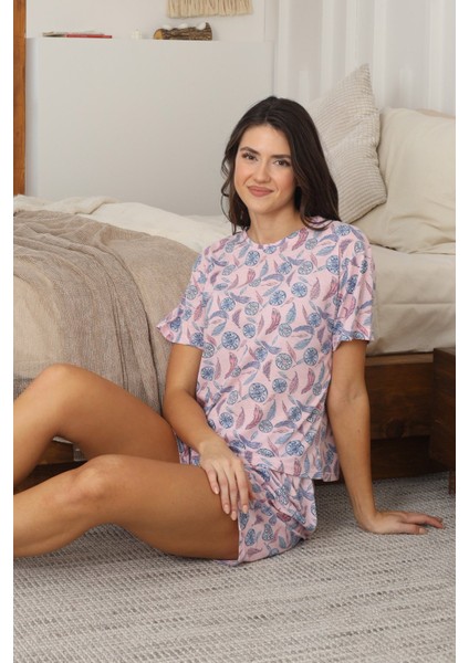 Yaprak Desenli Şortlu Penye Pijama Takımı