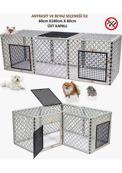 60CM x 180CM x 60CM Üst Kapalı 3 Kapılı Köpek, Kedi, Tavşan Kafesi, 4,5cm Aralıklı