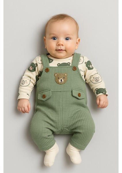 Ayı Nakışlı Erkek Bebek Tulum 3’lü Tulum Seti – Zıbın, Tulum ve Çorap | 3-6-9 Ay Bebek Kıyafeti