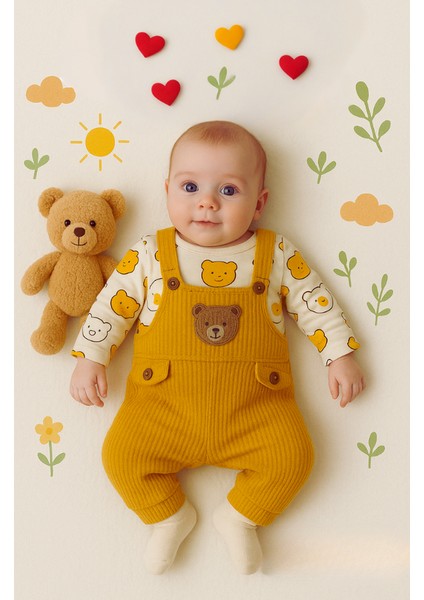 Ayı Nakışlı Erkek Bebek Tulum 3’lü Tulum Seti – Zıbın, Tulum ve Çorap | 3-6-9 Ay Bebek Kıyafeti