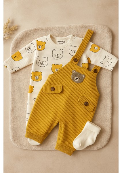 Ayı Nakışlı Erkek Bebek Tulum 3’lü Tulum Seti – Zıbın, Tulum ve Çorap | 3-6-9 Ay Bebek Kıyafeti fiyatları