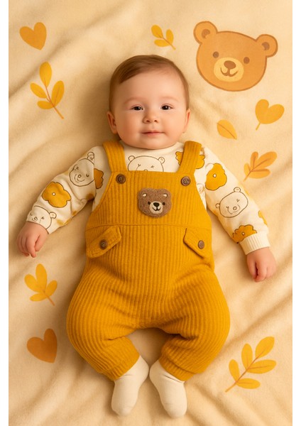 Ayı Nakışlı Erkek Bebek Tulum 3’lü Tulum Seti – Zıbın, Tulum ve Çorap | 3-6-9 Ay Bebek Kıyafeti