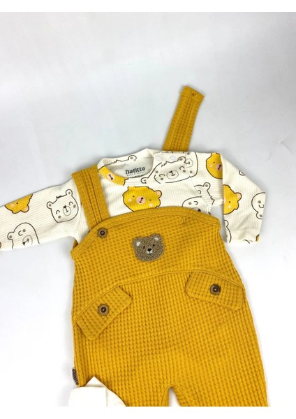 Ayı Nakışlı Erkek Bebek Tulum 3’lü Tulum Seti – Zıbın, Tulum ve Çorap | 3-6-9 Ay Bebek Kıyafeti