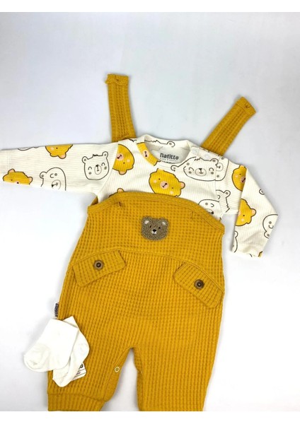 Ayı Nakışlı Erkek Bebek Tulum 3’lü Tulum Seti – Zıbın, Tulum ve Çorap | 3-6-9 Ay Bebek Kıyafeti