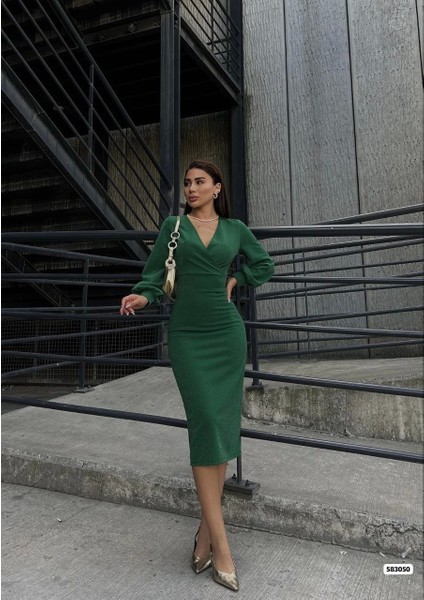 Kadın Kruvaze Yaka Balon Kol Simli Krep Kumaş Midi Boy Elbise fiyatları