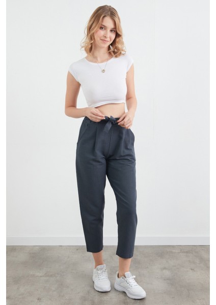 Beli Bağlamalı Straight Keten Pantolon