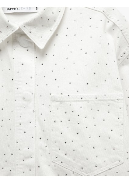 Yeni Sezon Taş Detaylı Uzun Kollu Cepli Düğmeli Klasik Yaka Denim Ceket indirimleri