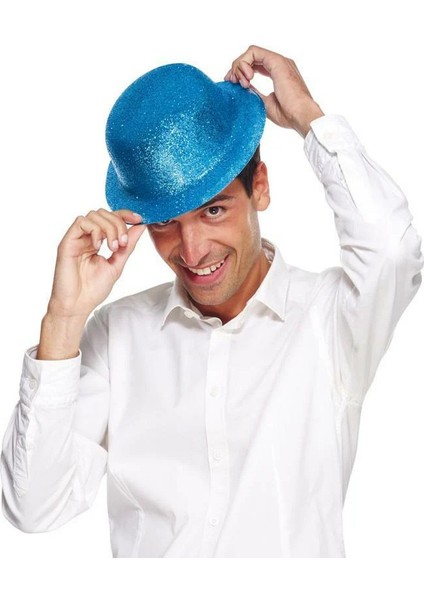 Mavi Renk Simli Melon Yuvarlak Parti Şapkası 24x26 cm