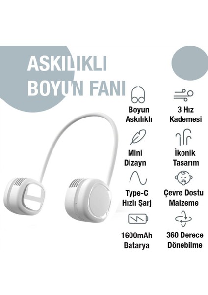Taşınabilir Mini Boyun Fanı, Şarjlı, Hafif, Serinleten, Beyaz Renk modelleri