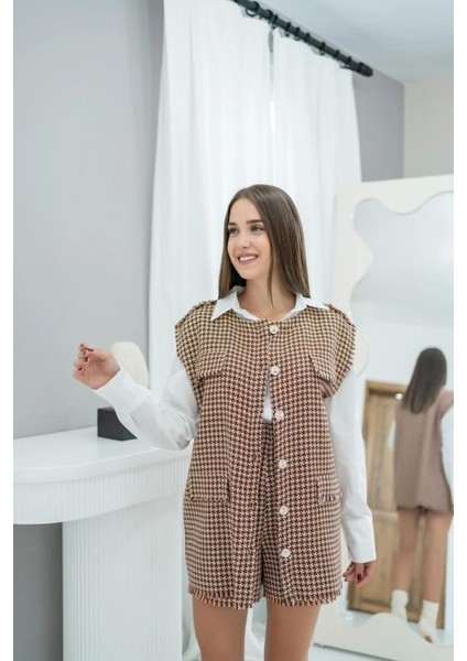 Kahverengi Kazayağı Desenli Yelek ve Şort Takım modelleri