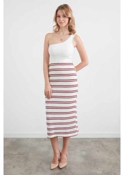 Çizgili Beli Lastikli Triko Etek