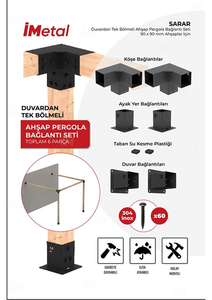 Sarar Ahşap Pergola Braket Seti Duvardan Tek Bölümlü 90X90 mm Ahşaplar Için
