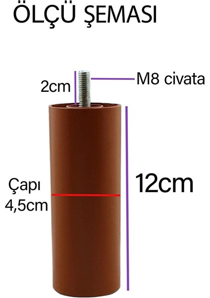 2 Adet Silindir Destek Ayağı 12 cm Kahverengi Gizli Mobilya Kanepe Baza Koltuk Ayakları Metrik 8 Civatalı Ince Diş fırsatları
