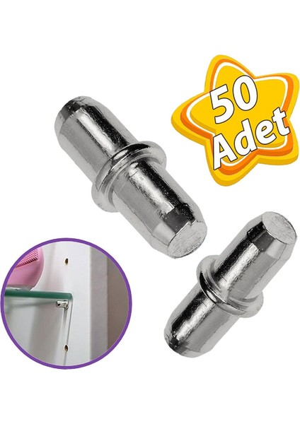 Metal Halkalı Raf Pimi Cam Ahşap Metal Raf Tutucu Çivisi Mobilya Dolap Pimi (50 Adet)