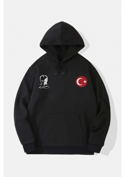 10 Kasıma Özel Üç Iplik Kapşonlu Baskılı Sweatshirt - Siyah
