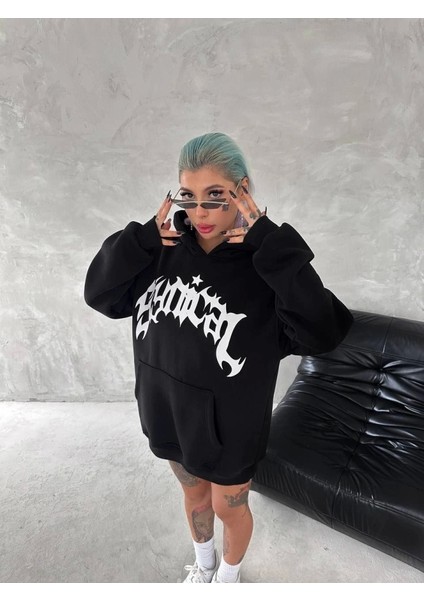 Unisex Üç Iplik Kapşonlu Baskılı Sweatshirt - Siyah fiyatları
