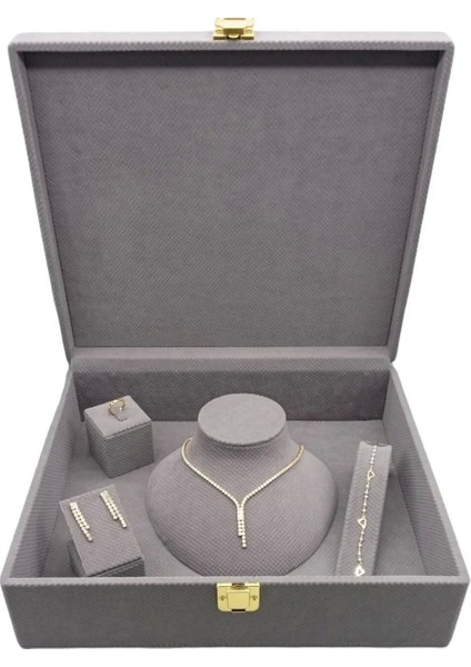 Yerli Keten Kumaş Takı Saklama Kutusu, Gri, 35/30/10 cm