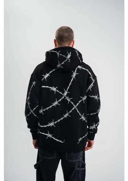 Polızeı Premium Kalite Kapşonlu Varak ve Pano Baskılı Sweatshirt - Siyah fırsatları
