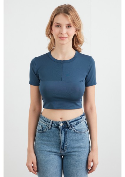 Basic Yarım Fermuarlı Dalgıç Kumaş Crop Tişört