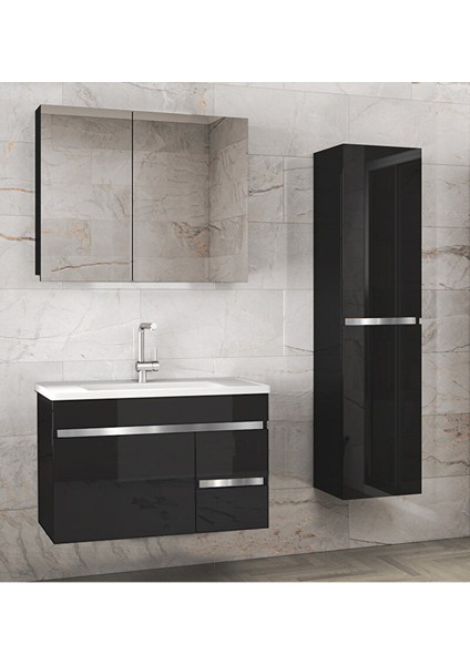 Viosen-Ea Siyah-Gri (80+35) 115 cm Çekmeceli Mdf-Boy Dolaplı-Lavabolu Banyo Dolabı