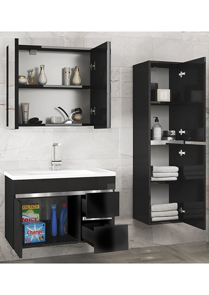 Viosen-Ea Siyah-Gri (80+35) 115 cm Çekmeceli Mdf-Boy Dolaplı-Lavabolu Banyo Dolabı fiyatları